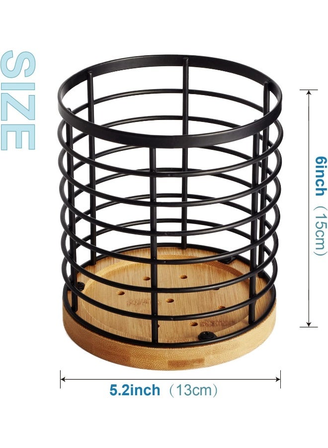 WDT Tool Utensil holder for Kitchen Counter - 5.2" x 5.2" x 6" Large Round Utensils Holder with Wooden Base Matte Black Cooking Utensil Holder，Kitchen countertop Utensil Organizer (Metal) - Image 5